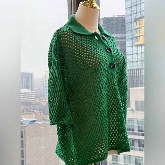 🆕 FARM Rio 🧿 NWOT Kelly Green Crochet Collared Polo, Sz L - Picture 9 of 14
